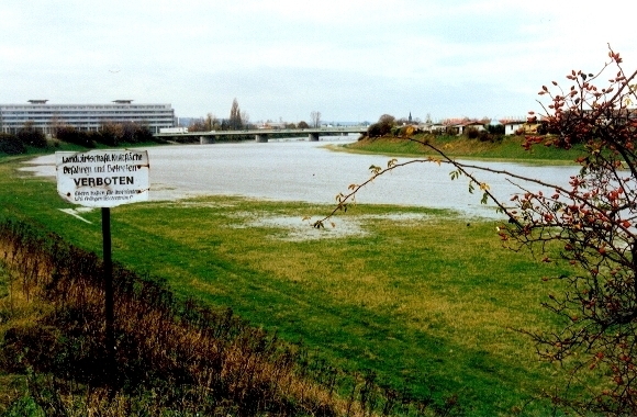 Das Wasser kommt diesmal aus Richtung Kaditz (2.11.98, Foto: F. Philipp)