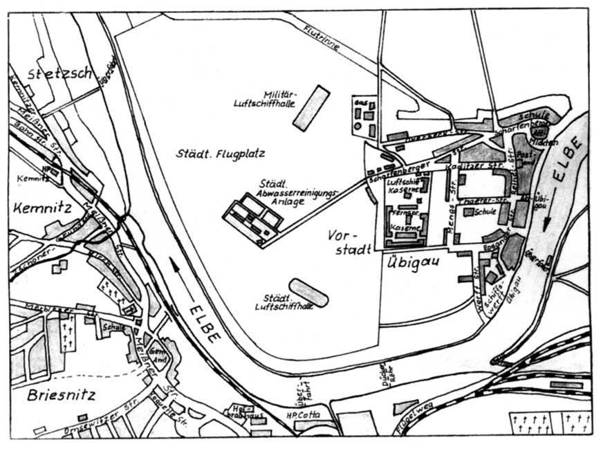 Lageplan des städtischen Land- und Wasserflugplatzes Dresden-Kaditz um 1920 