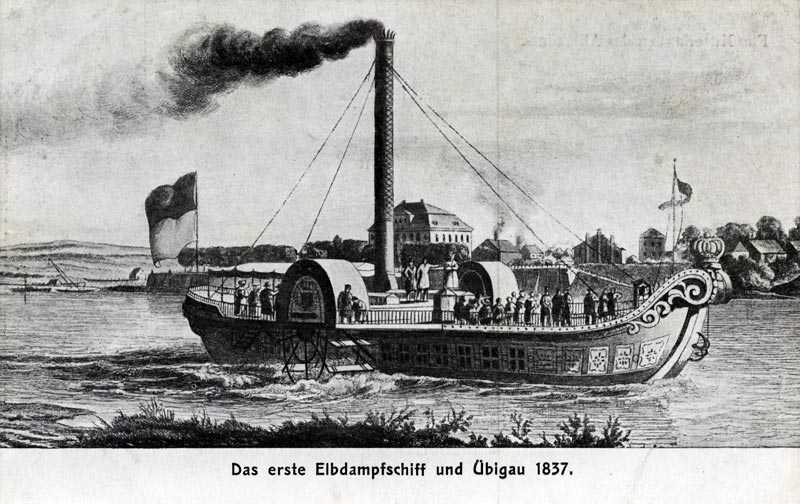 Das erste Elbdampfschiff und Übigau 1837 (Postkarte)