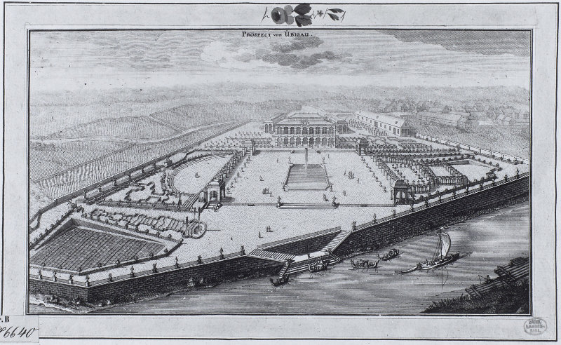Prospekt von Schloß Übigau, Kupferstich um 1740 (Foto: SLUB Dresden / Deutsche Fotothek)