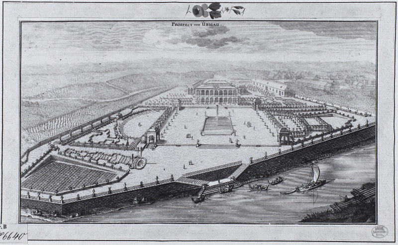 Prospekt von Schloß Übigau, Kupferstich um 1740 (Foto: SLUB Dresden / Deutsche Fotothek)