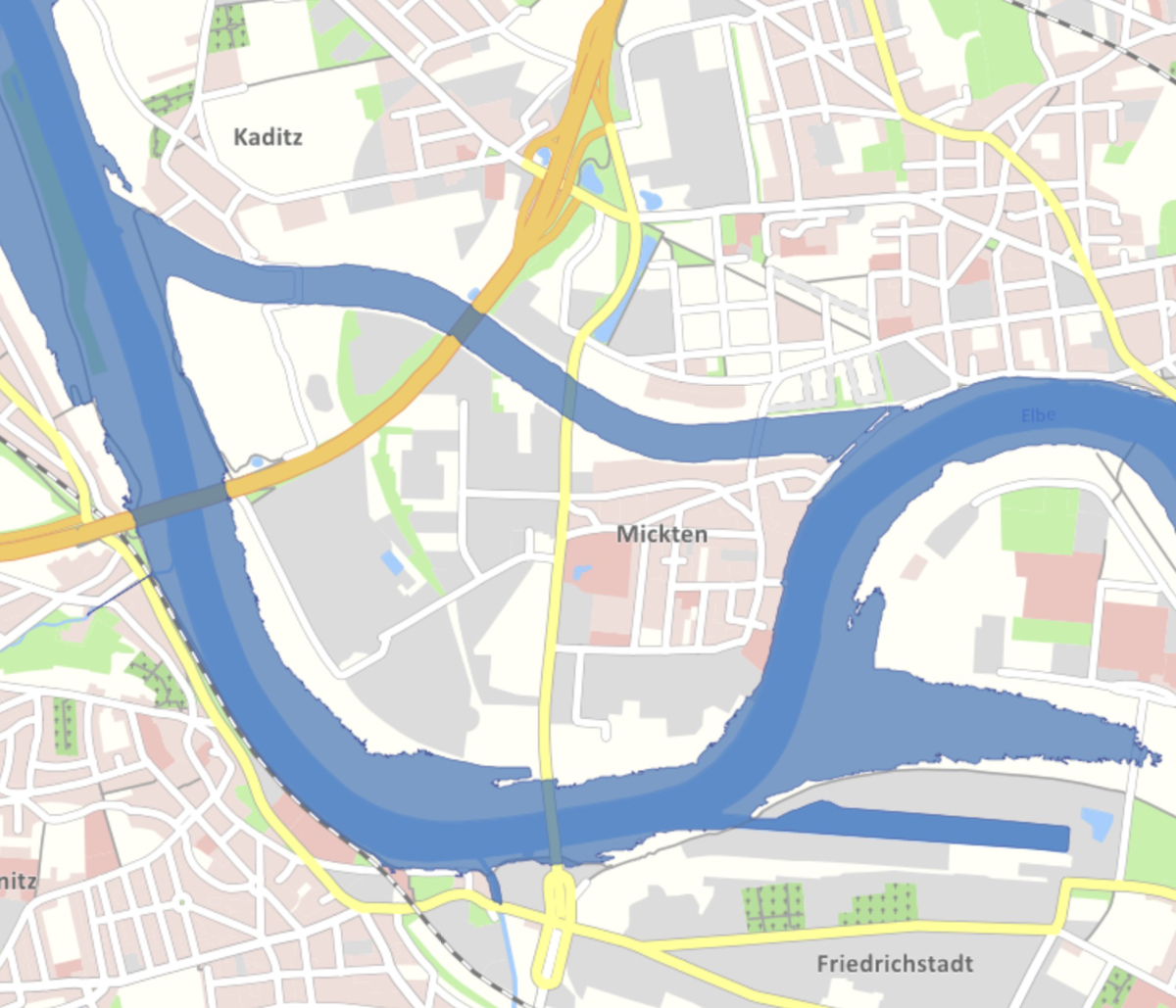 Überschwemmungsflächen bei Pegel 550cm (Quelle: Themenstadtplan Stadt Dresden)