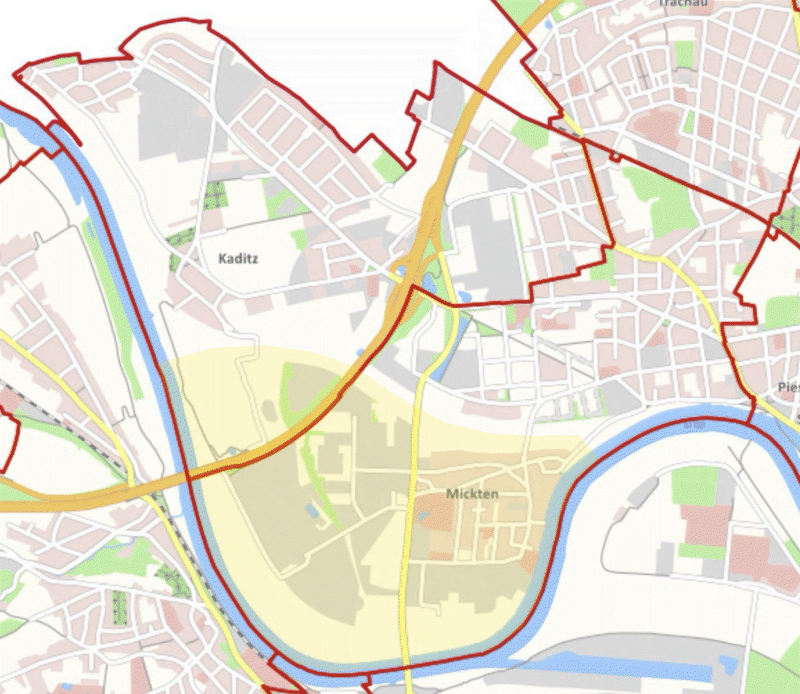 Stadtteilgrenzen Mickten und Kaditz (gelb: Übigauer Insel)